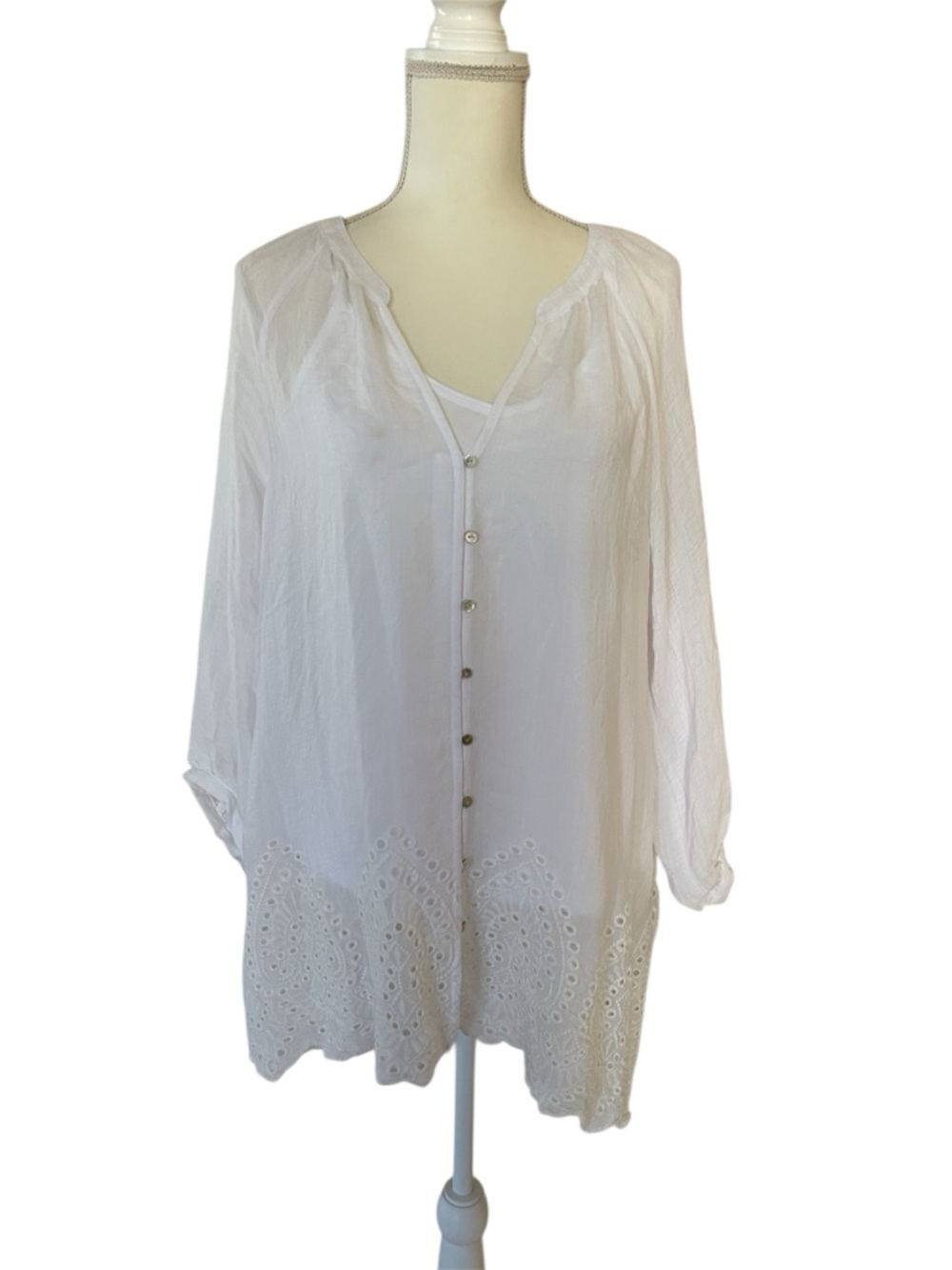 Figueroa & Flower sheer top with large embroidered eyelet bottom